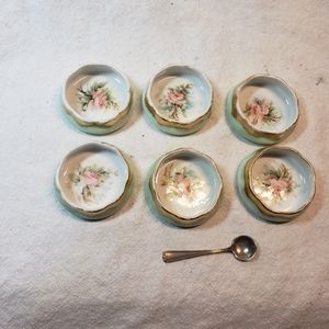 Six Vintage Hand Painted Porcelain Salt Cellars with a Silver Spoon